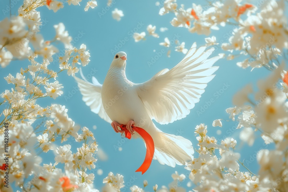 Fototapeta premium White dove soaring gracefully among blooming flowers under a clear blue sky