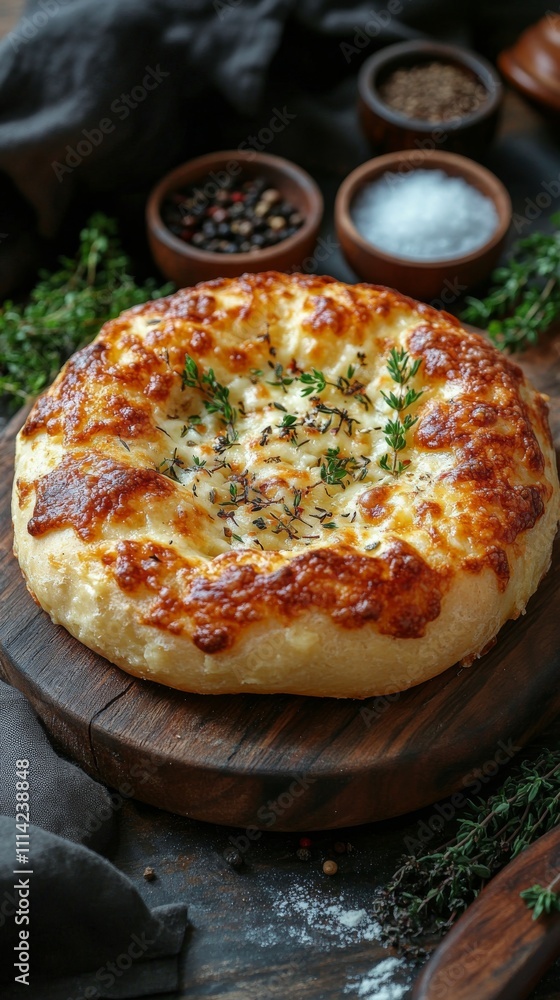 Freshly baked savory pastry topped with herbs on a rustic wooden board Freshly baked savory pastry topped with herbs on a rustic wooden board