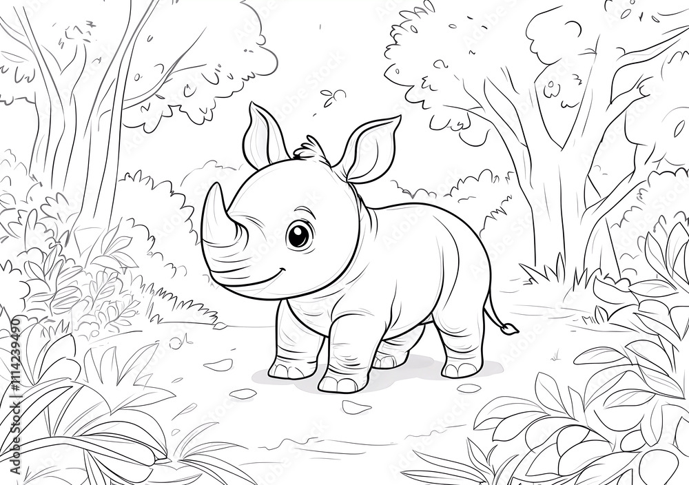 Fototapeta premium Drawing for coloring page book of Rhino. in forest for kids. Printable. Happy rhino illustration in a green forest environment, ideal for educational and creative projects for children