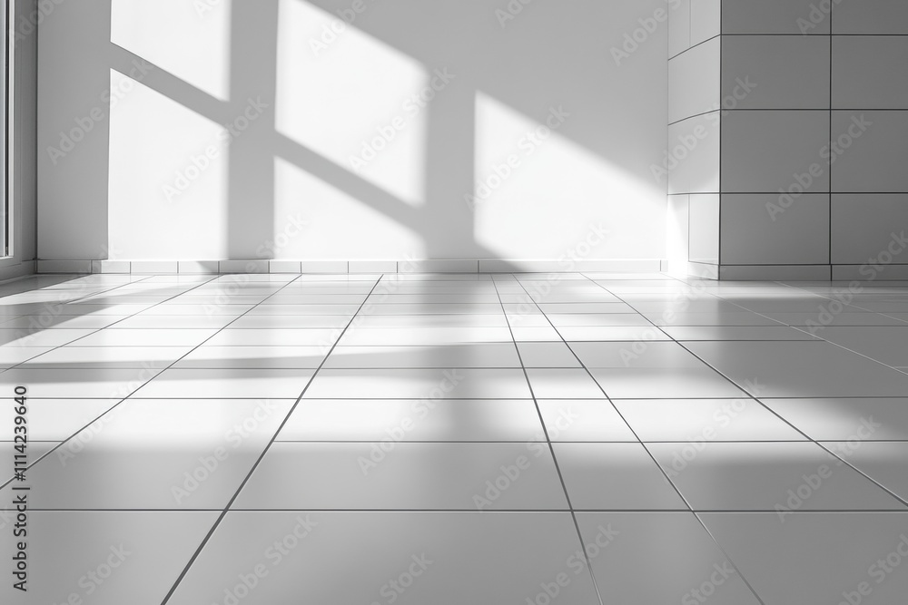 Light and shadow play on white tile floor modern interior space minimalist design bright environment ground level view aesthetic concept Light and shadow play on white tile floor modern interior space minimalist design bright environment ground level view aesthetic concept