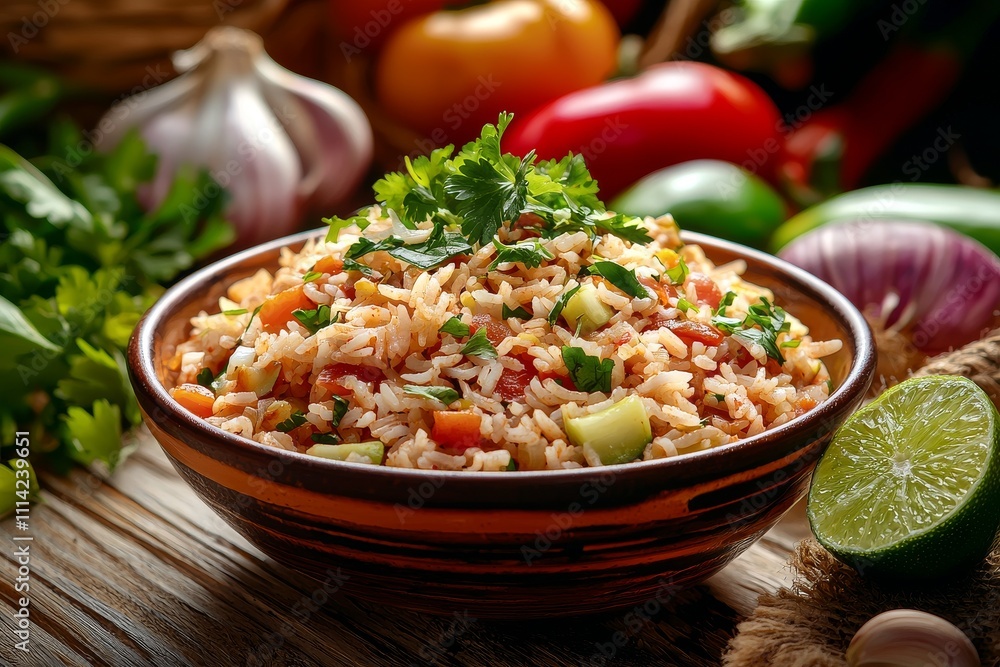 Delicious bowl of vegetable rice, vibrant colors, and fresh ingredients, perfect for a healthy meal. Delicious bowl of vegetable rice, vibrant colors, and fresh ingredients, perfect for a healthy meal.
