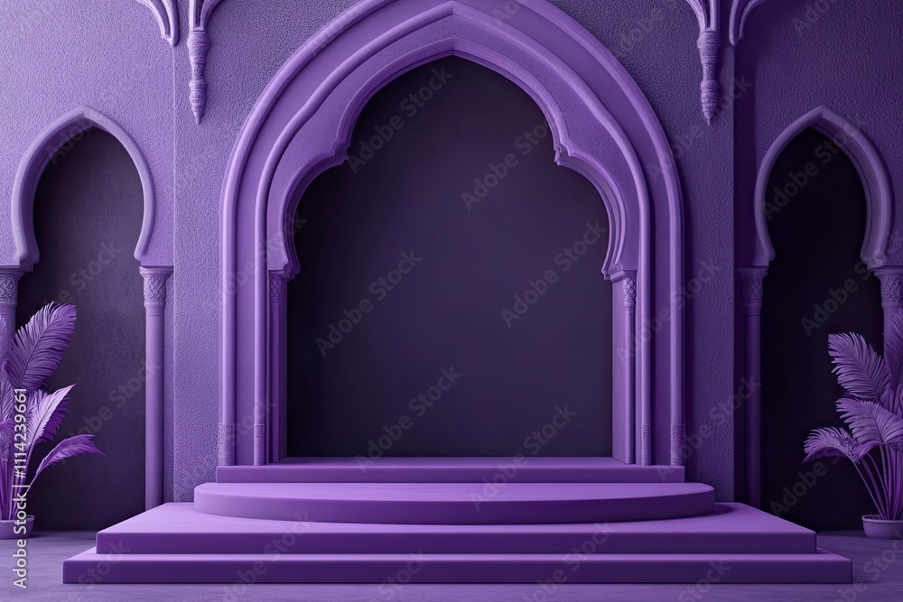 Islam theme product display background in 3d minimal purple design. Mosque portal frame with podium and blank space. Islam theme product display background in 3d minimal purple design. Mosque portal frame with podium and blank space.