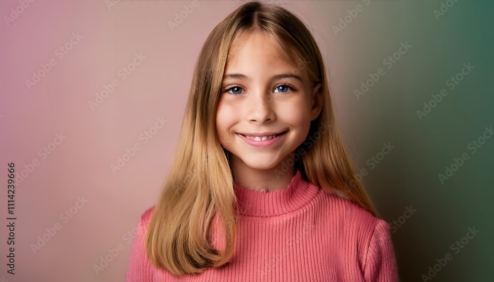 Fototapeta premium A teenage girl exuding confidence and happiness, framed by a pristine, well-lit studio environment. 