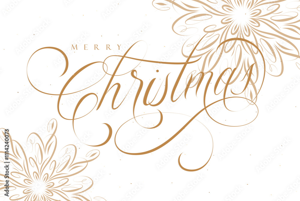 Merry Christmas handwritten calligraphic lettering with floral arrangement drawing on beige color background