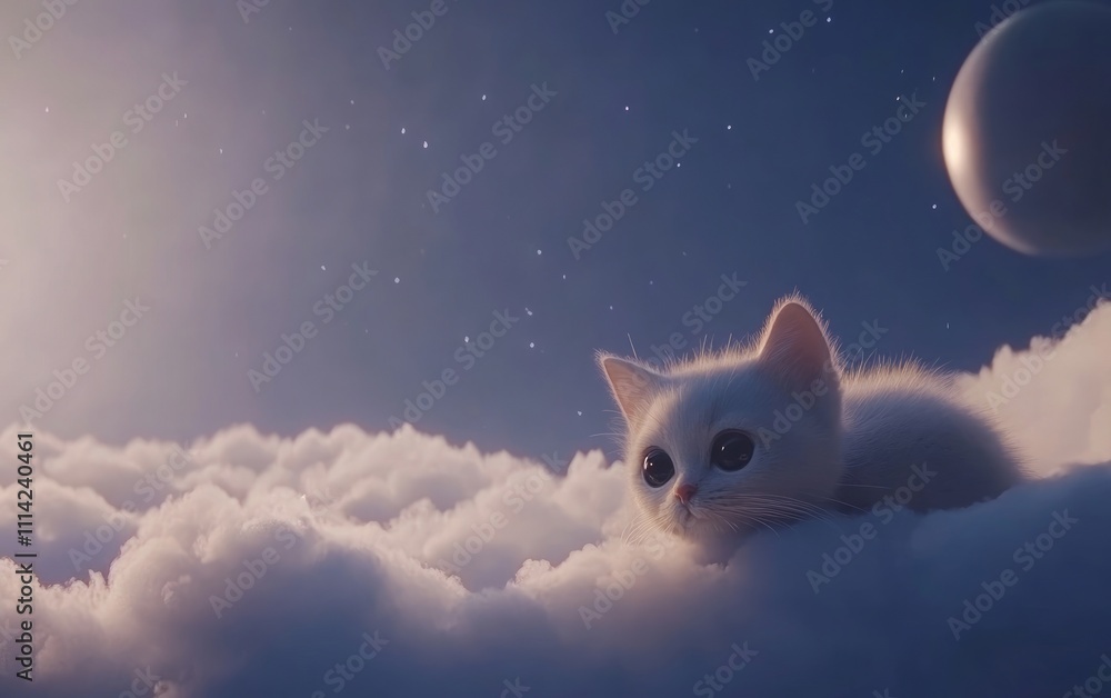 Fototapeta premium A Tiny White Kitten on a Cloud at Night