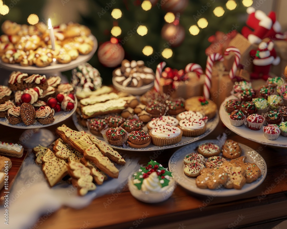 A delightful assortment of festive cookies and treats, arranged beautifully for the holiday season. A delightful assortment of festive cookies and treats, arranged beautifully for the holiday season.