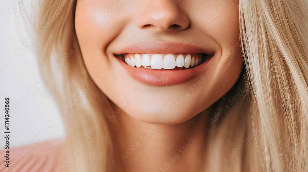 Close-up of a woman’s smile showcasing healthy, white teeth Close-up of a woman’s smile showcasing healthy, white teeth