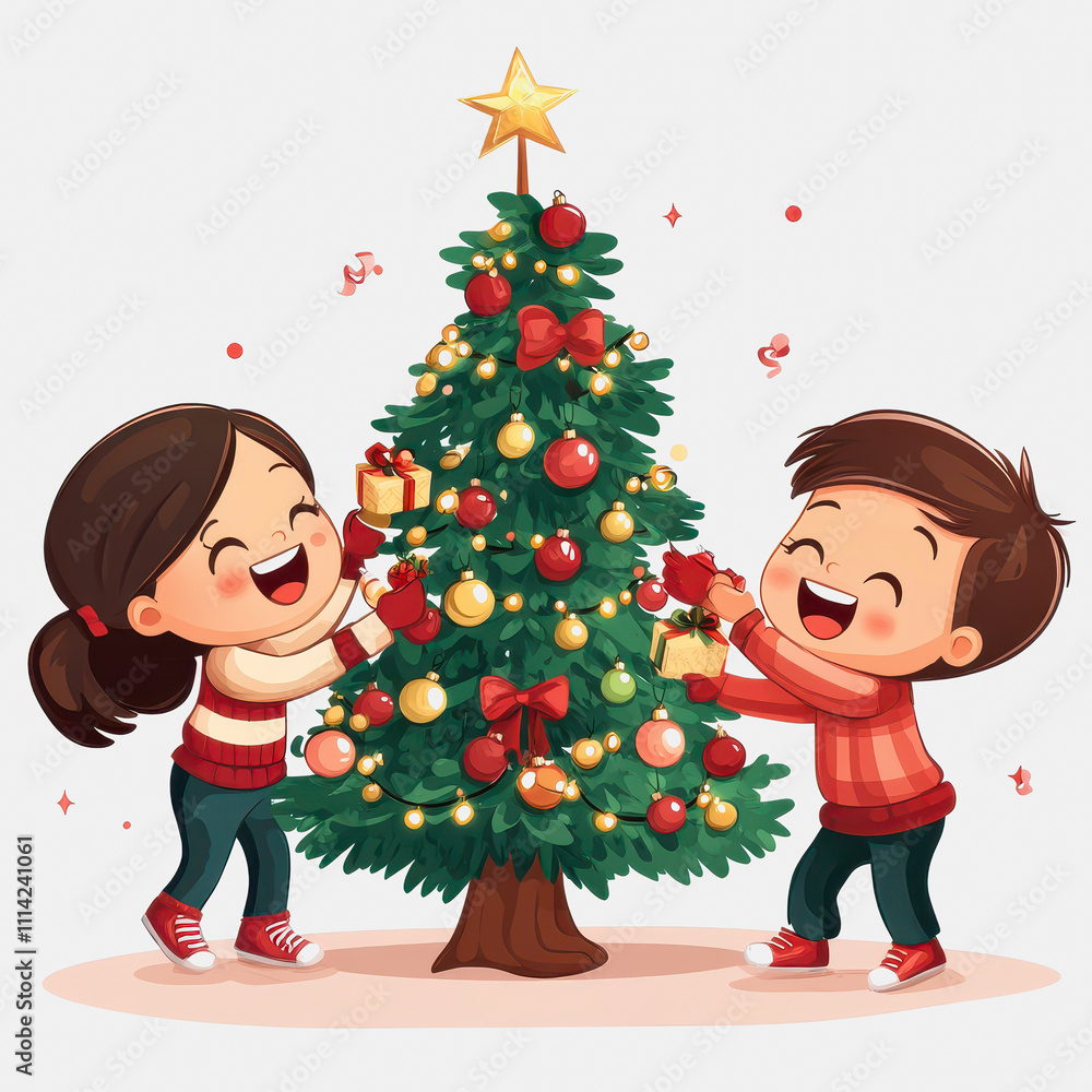 Joyful Children Decorating a Christmas Tree with Ornaments and Festive Cheer in a Colorful Holiday Setting