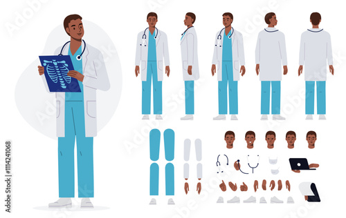 Male doctor surgeon, radiologist in hospital. Character constructor for animation. Front, side and back view set. Body parts, postures, poses collection. Vector illustration.