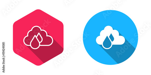 Filled and outline Cloud with rain icon isolated with long shadow background. Rain cloud precipitation with rain drops. Vector