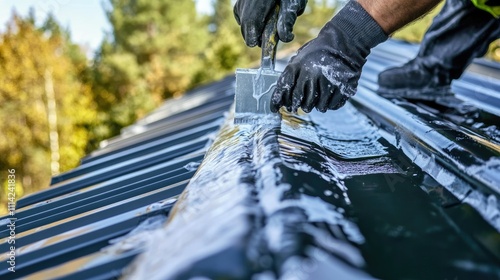 Silicone caulk being spread smoothly along the seams of a metal roof photo