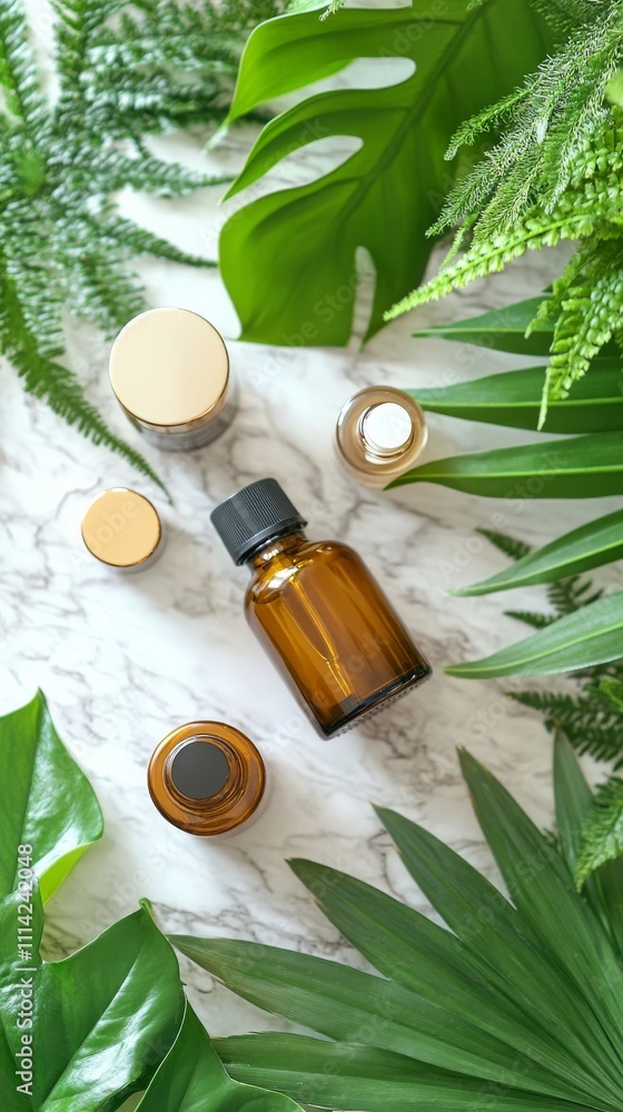 Natural skincare products arranged among green leaves on marble Natural skincare products arranged among green leaves on marble