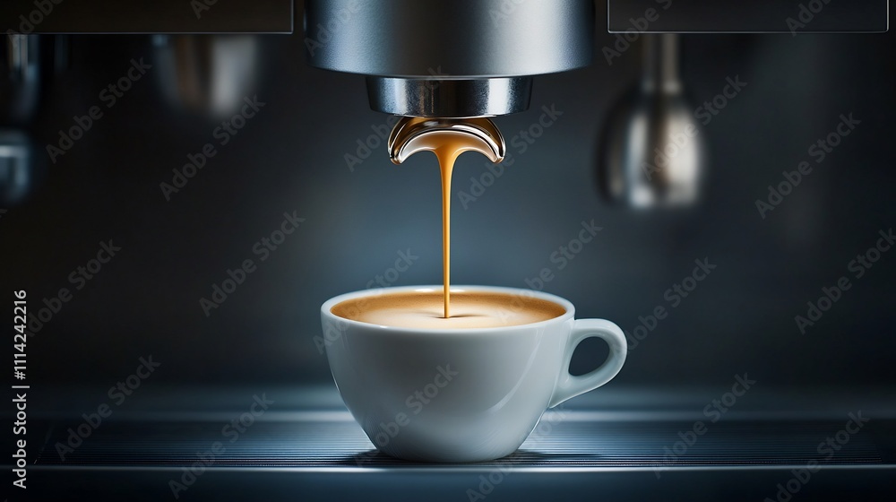 Espresso pouring into a cup from a machine. Espresso pouring into a cup from a machine.