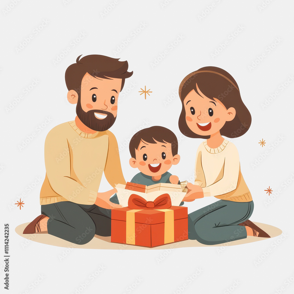 Happy Family Celebrating Together with a Child Opening a Gift, Cozy Indoor Setting, Joyful Expressions, Colorful Present, Festive Atmosphere Happy Family Celebrating Together with a Child Opening a Gift, Cozy Indoor Setting, Joyful Expressions, Colorful Present, Festive Atmosphere