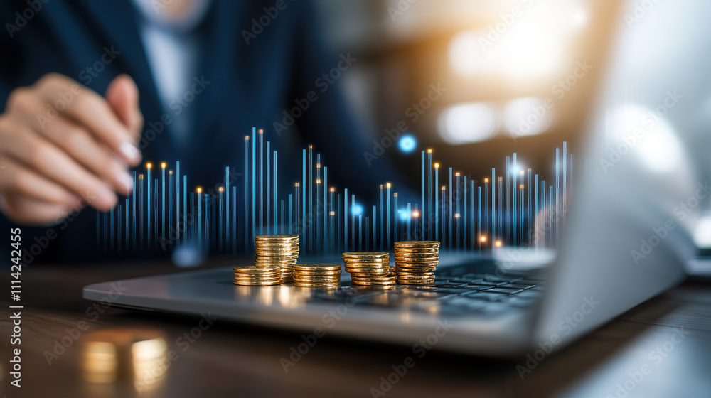 Stacks of gold coins on laptop with digital chart showing investment trends Stacks of gold coins on laptop with digital chart showing investment trends