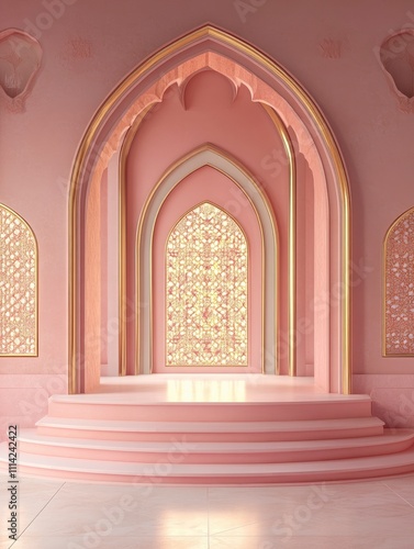 Islamic display podium decoration background with mosque window door  ramadan kareem  mawlid  iftar  isra miraj  eid al fitr adha  muharram  3D illustration. 