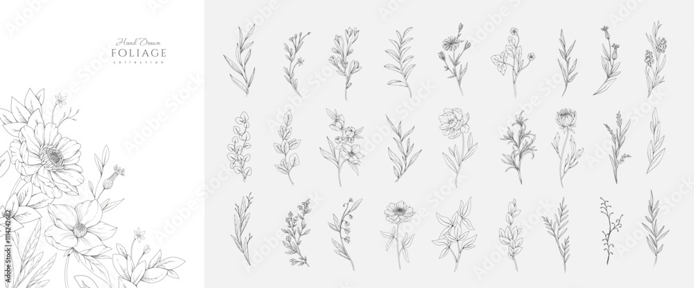 Obraz premium Set of hand drawn flowers and plants. Minimalist forms with elegant botanical elements for invitation, save the date card. Botanical rustic trendy greenery vector illustration