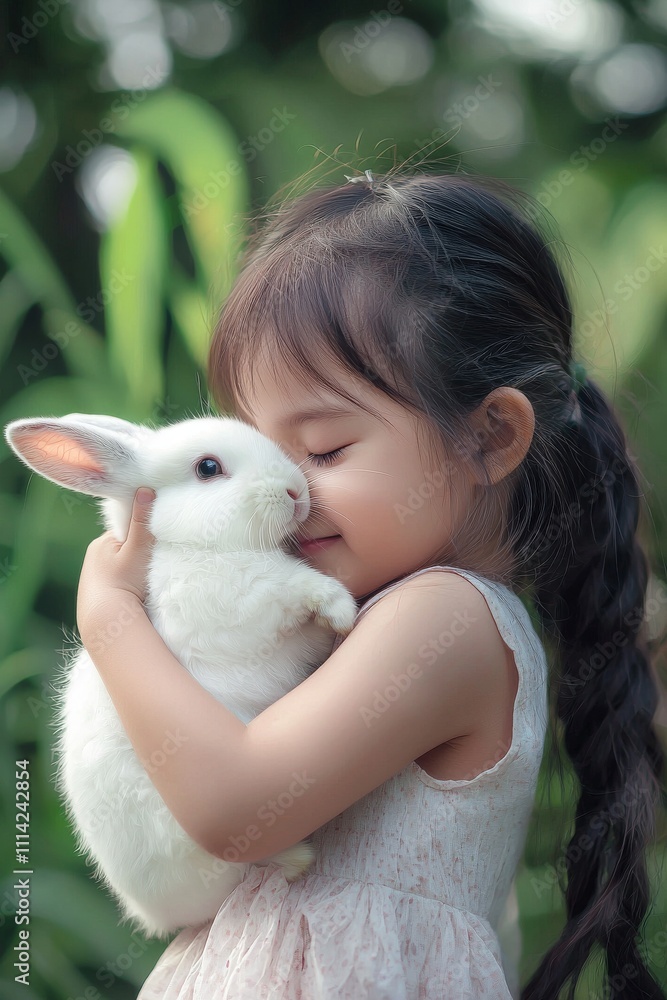 A joyful Asian girl with long black hair cuddles a fluffy white bunny in a serene garden setting. A joyful Asian girl with long black hair cuddles a fluffy white bunny in a serene garden setting.