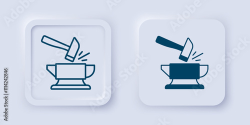 Filled and outline Blacksmith anvil tool and hammer icon isolated on grey background. Metal forging. Forge tool. Square button. Vector