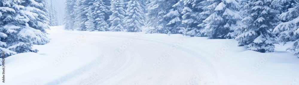 Wide winter banner. Snow-covered road through a serene winter forest landscape. Wide winter banner. Snow-covered road through a serene winter forest landscape.