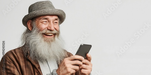 Smiling older man with a gray beard using a smartphone, showcasing joy and happiness.