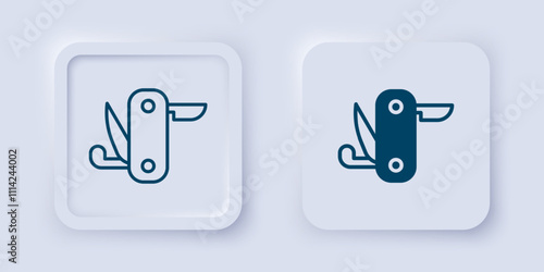 Filled and outline Swiss army knife icon isolated on grey background. Multi-tool, multipurpose penknife. Multifunctional tool. Square button. Vector
