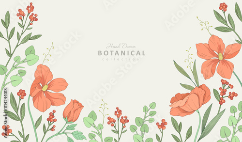 Retro colorful floral art with detailed various flowers and foliage, intricate details and delicate forms. Elegant botanical background or invitation card. Hand drawn vector illustration