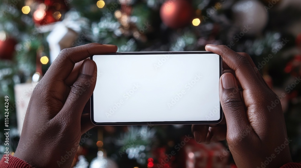 Hands Holding Smartphone With Blank Screen Near Christmas Tree, Mockup For App Or Website Hands Holding Smartphone With Blank Screen Near Christmas Tree, Mockup For App Or Website