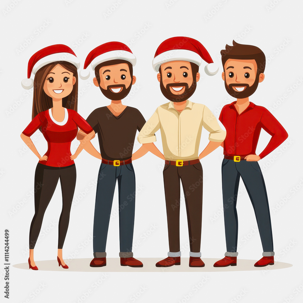 Group of Four Friends Celebrating the Holiday Season with Santa Hats, Smiling and Posing Together in a Cheerful Atmosphere of Joy and Friendship Group of Four Friends Celebrating the Holiday Season with Santa Hats, Smiling and Posing Together in a Cheerful Atmosphere of Joy and Friendship