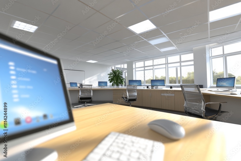 Modern office workspace with sleek computers and bright natural light filling the room, ideal for productivity. Modern office workspace with sleek computers and bright natural light filling the room, ideal for productivity.