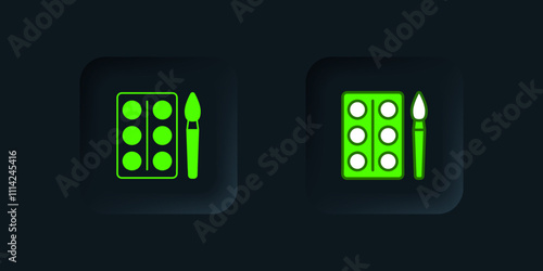 Green Watercolor paints in box with paint brush icon isolated on black background. Black square button. Vector