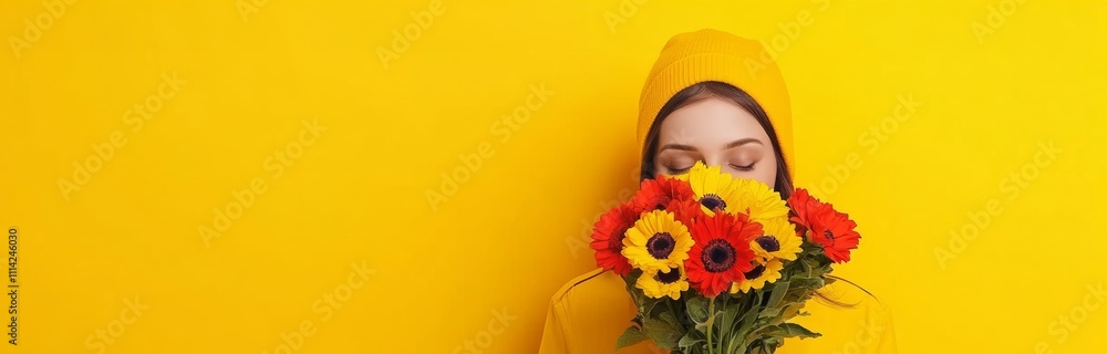 Woman wearing a yellow hat is holding a bouquet of flowers. The flowers are yellow and red, and the woman is looking at the camera. Concept of warmth and happiness Woman wearing a yellow hat is holding a bouquet of flowers. The flowers are yellow and red, and the woman is looking at the camera. Concept of warmth and happiness