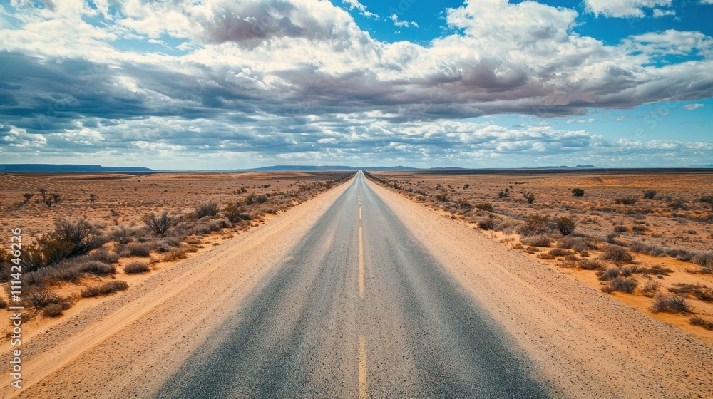 Fototapeta premium A birdâ€™s-eye view of a straight desert road stretching across the arid landscape, with sparse vegetation and a dramatic sky above.