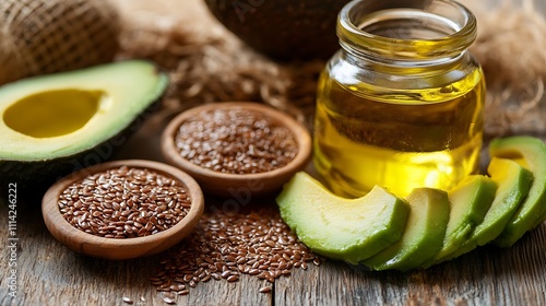 A close-up of a healthy breakfast spread with whole grains, avocado slices, and a drizzle of heart-healthy oils like flaxseed oil  photo