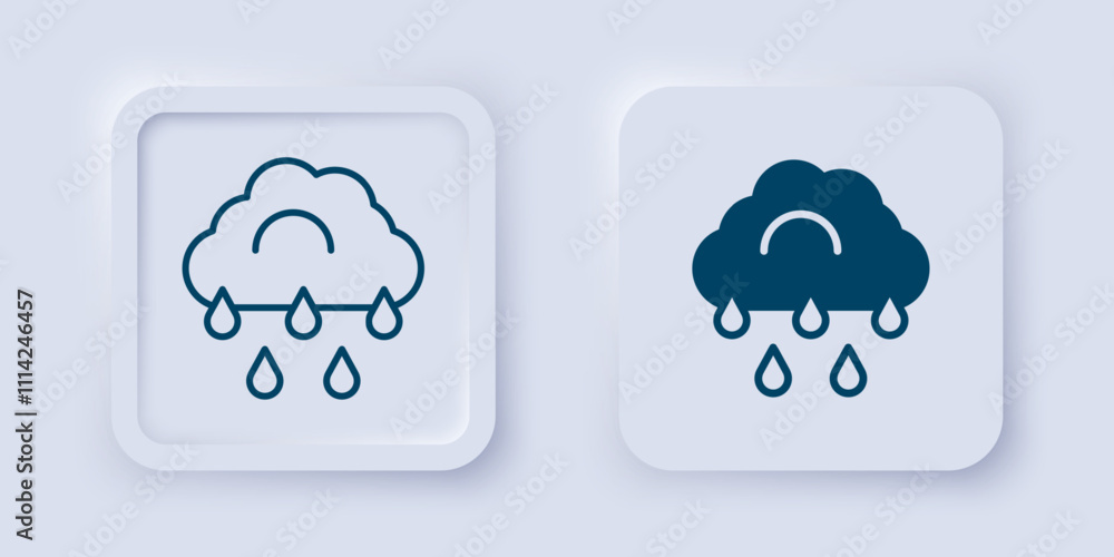 Filled and outline Cloud with rain icon isolated on grey background. Rain cloud precipitation with rain drops. Square button. Vector Filled and outline Cloud with rain icon isolated on grey background. Rain cloud precipitation with rain drops. Square button. Vector