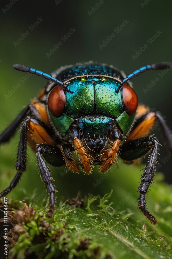Close-up of a striking insect with vibrant orange and teal body, perched on lush green foliage. A captivating nature macro photograph, perfect for scientific publications, nature documentaries, and in Close-up of a striking insect with vibrant orange and teal body, perched on lush green foliage. A captivating nature macro photograph, perfect for scientific publications, nature documentaries, and in