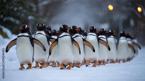 Group of penguins walking in a line through the snow. The penguins are all black and white photo