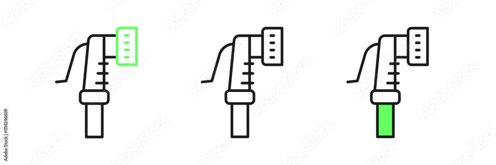 Set line Garden hose icon isolated on white background. Spray gun icon. Watering equipment. Vector Set line Garden hose icon isolated on white background. Spray gun icon. Watering equipment. Vector