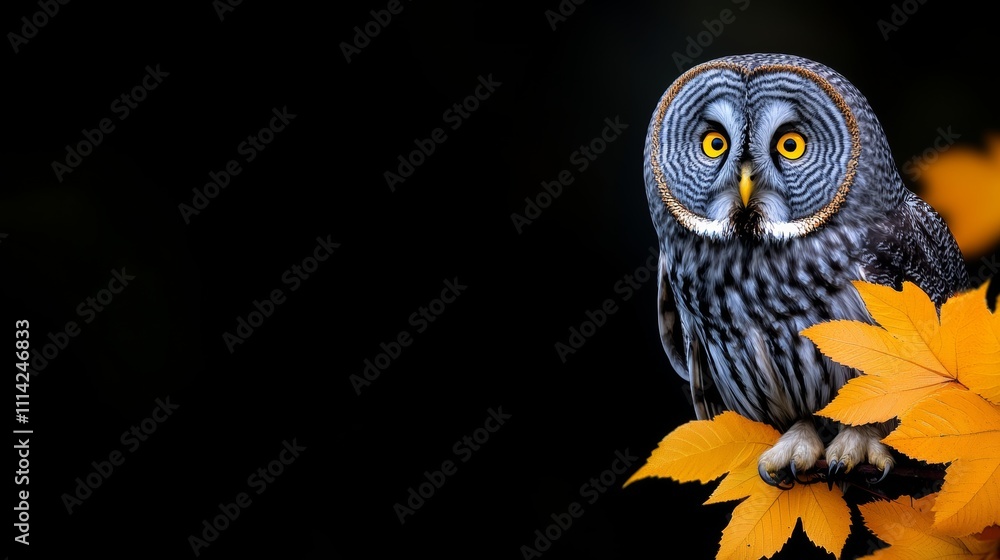 Fototapeta premium Grey owl is perched on a leafy branch. The owl is looking at the camera with a curious expression. The image has a dark background, which contrasts with the bright orange leaves on the branch
