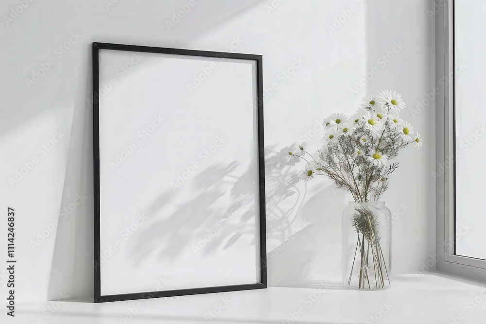 Blank black frame on a white background with a vase of white daisies casting shadows in the sunlight Blank black frame on a white background with a vase of white daisies casting shadows in the sunlight