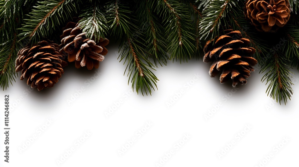 Naklejka premium Festive fir branches and pine cones border on white.