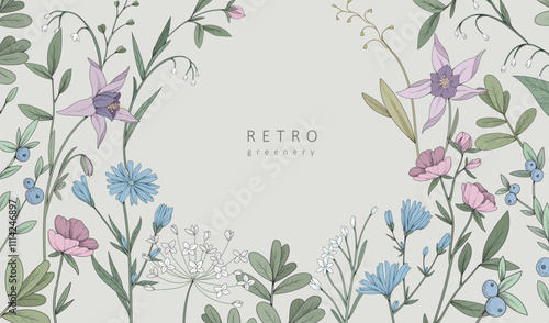 Vibrant background with colorful flowers and trendy botanical elements. Retro hand drawn leaves branches and blooming. Modern elegant wildflowers for invitation save the date card. Vector