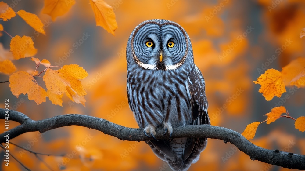 Gray and white owl is perched on a branch in a tree. The owl is looking at the camera, and the leaves on the tree are orange. The image has a peaceful and serene mood, as the owl is alone Gray and white owl is perched on a branch in a tree. The owl is looking at the camera, and the leaves on the tree are orange. The image has a peaceful and serene mood, as the owl is alone