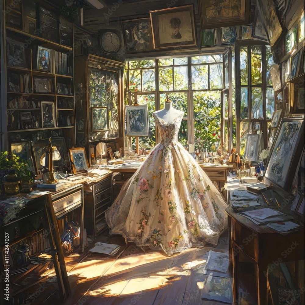 Naklejka premium A stunning vintage-style dress on a mannequin amidst an artist's cluttered studio, surrounded by natural light.