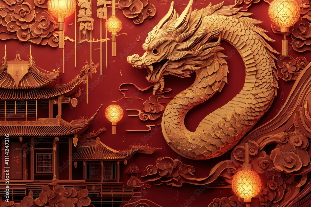 Obraz premium Magnificent Golden Dragon and Chinese Architecture 3D Art: A Festive Celebration
