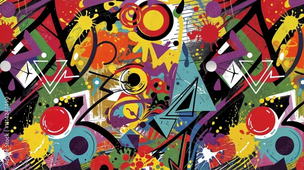 Seamless background featuring a colorful abstract graffiti art pattern with a mix of spray paint splatters, street style doodles and urban artistic expressions. Seamless background featuring a colorful abstract graffiti art pattern with a mix of spray paint splatters, street style doodles and urban artistic expressions.