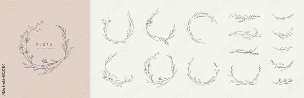 Set of elegant calligraphic botanical design elements, floral frame and graceful branches. Wedding wildflowers for invitation save the date card. Botanical feminine rustic vector illustration Set of elegant calligraphic botanical design elements, floral frame and graceful branches. Wedding wildflowers for invitation save the date card. Botanical feminine rustic vector illustration