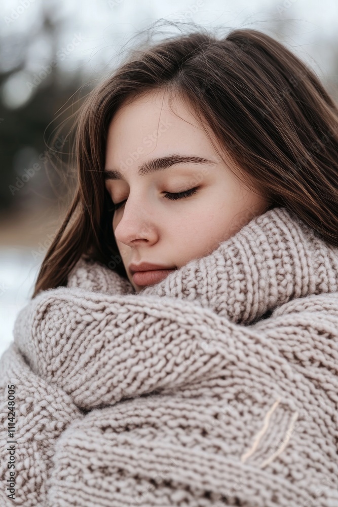 A serene young woman of Caucasian descent wrapped in a cozy knitted scarf, enjoying a peaceful moment outdoors. A serene young woman of Caucasian descent wrapped in a cozy knitted scarf, enjoying a peaceful moment outdoors.