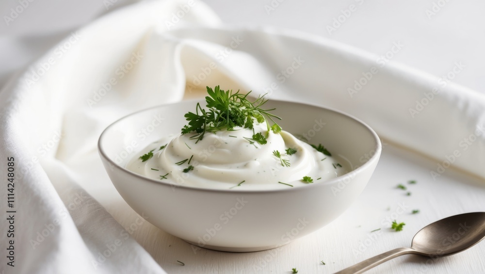 Fresh bowl of sour cream garnished with herbs on a clean background. Fresh bowl of sour cream garnished with herbs on a clean background.