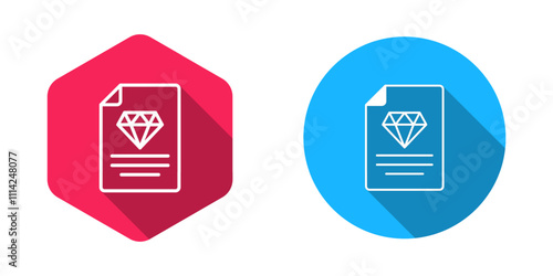 Filled and outline Certificate of the diamond icon isolated with long shadow background. Vector